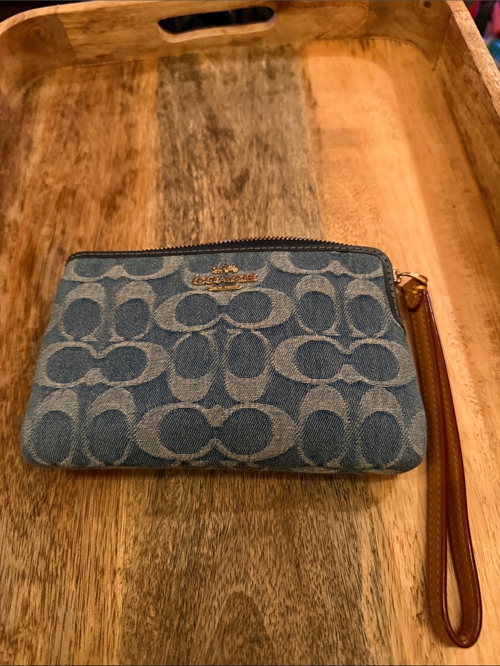 Coach Blue Denim Signature Wristlet with Brown Leather Strap